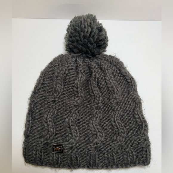 TurtleFur - Pom Beanie Hat Cable Knit Faux Fur Lined Gray Wool Blend Women’s cap - Picture 3 of 8